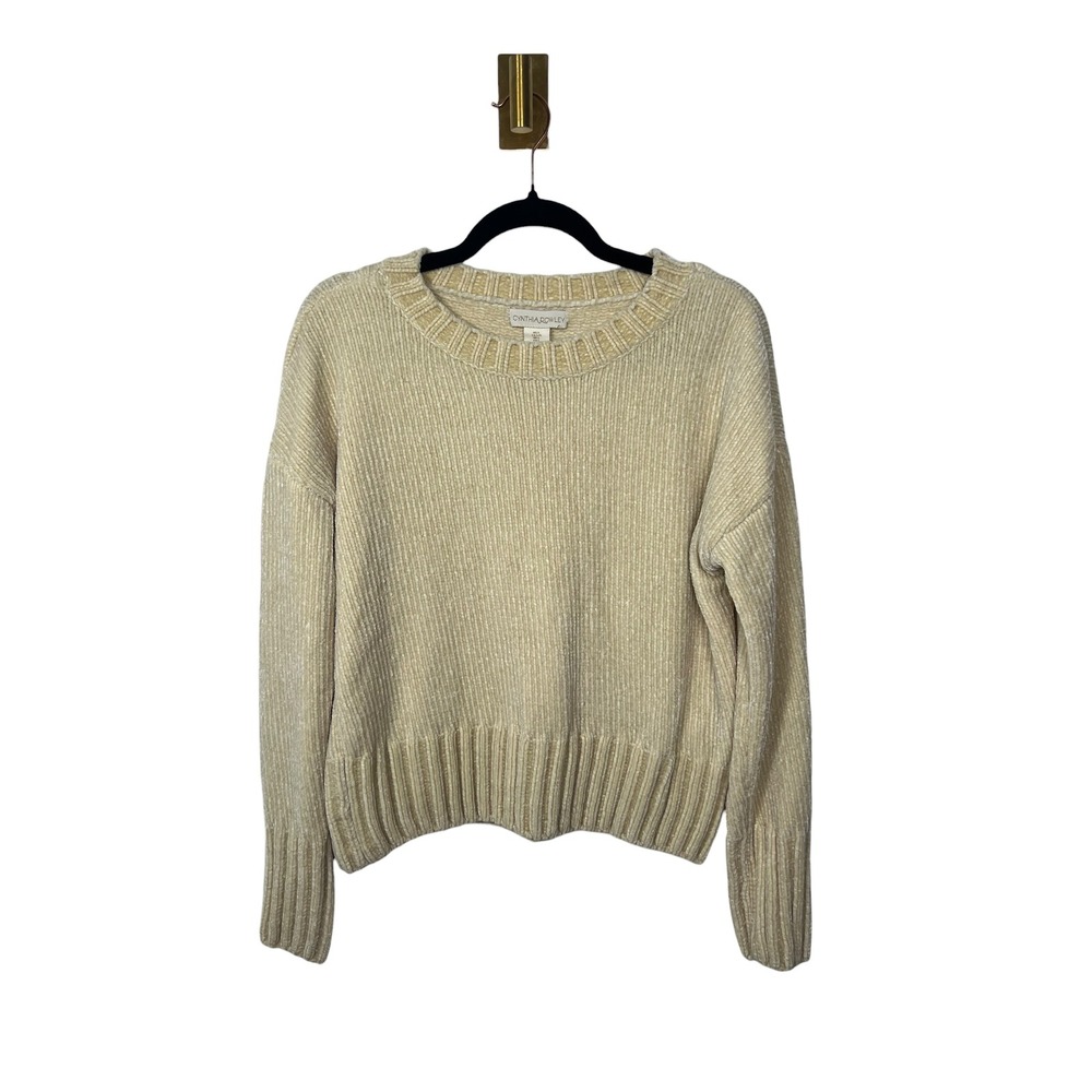 Cynthia Rowley Chenille Preppy Cream Sweater Winter Pullover Cozy Coquette L